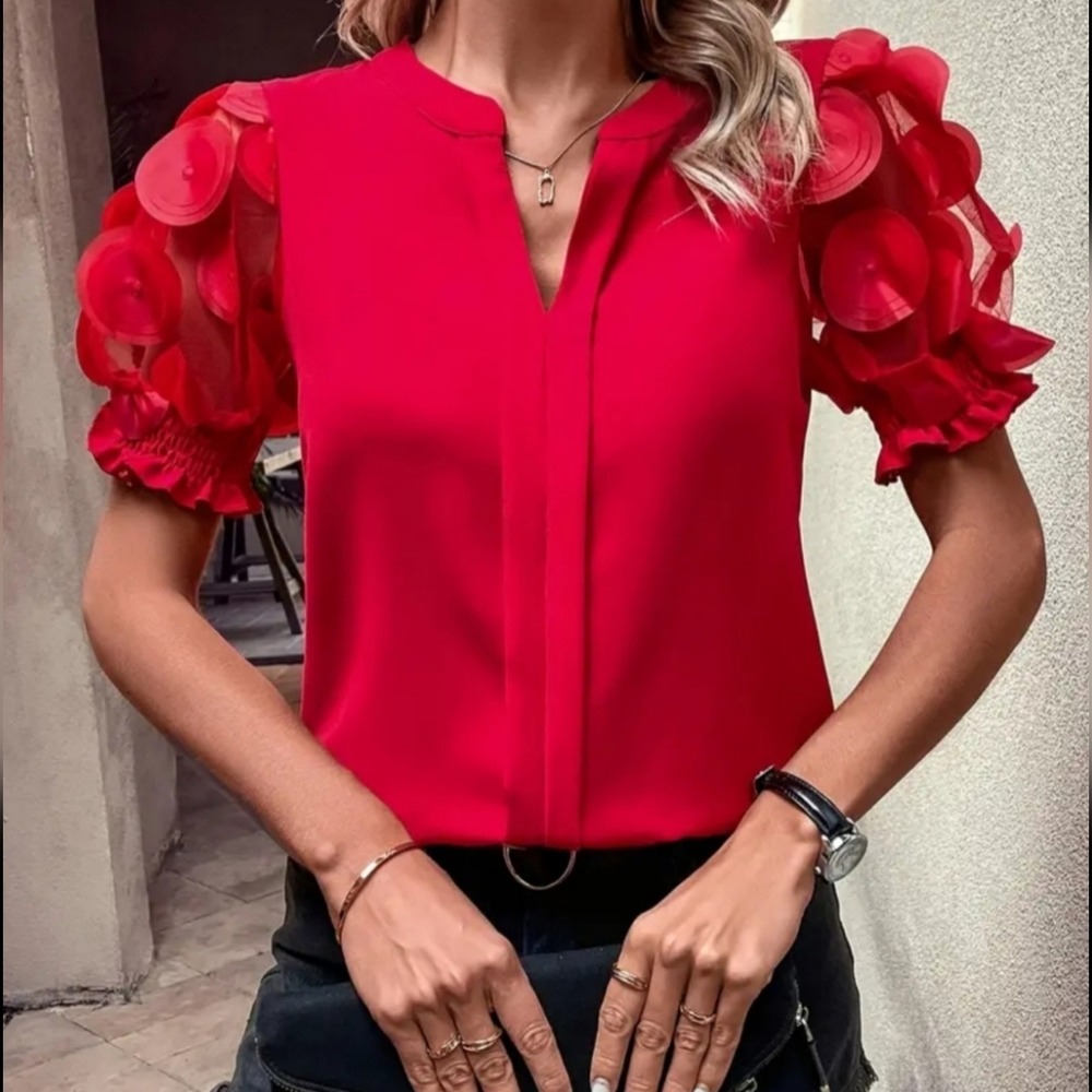 🐎 NEW! Red Women's  Dressy Blouse with Sheer Sleeves XL - Picture 3 of 3